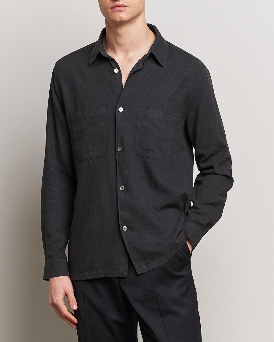 Hombres | Camisas | A Day's March | Balain Linen/Viscose Shirt Off Black