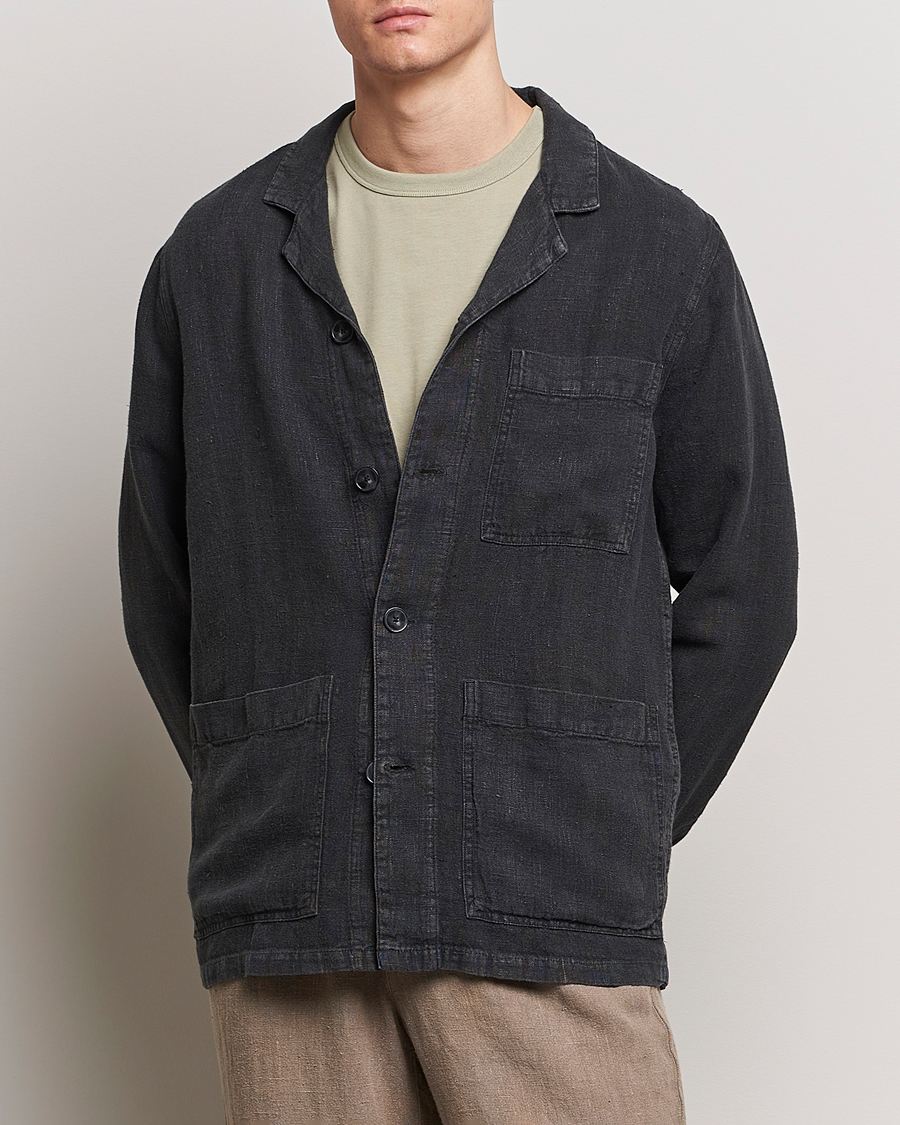 Hombres | Overshirts | A Day's March | Bangher Linen Overshirt Black