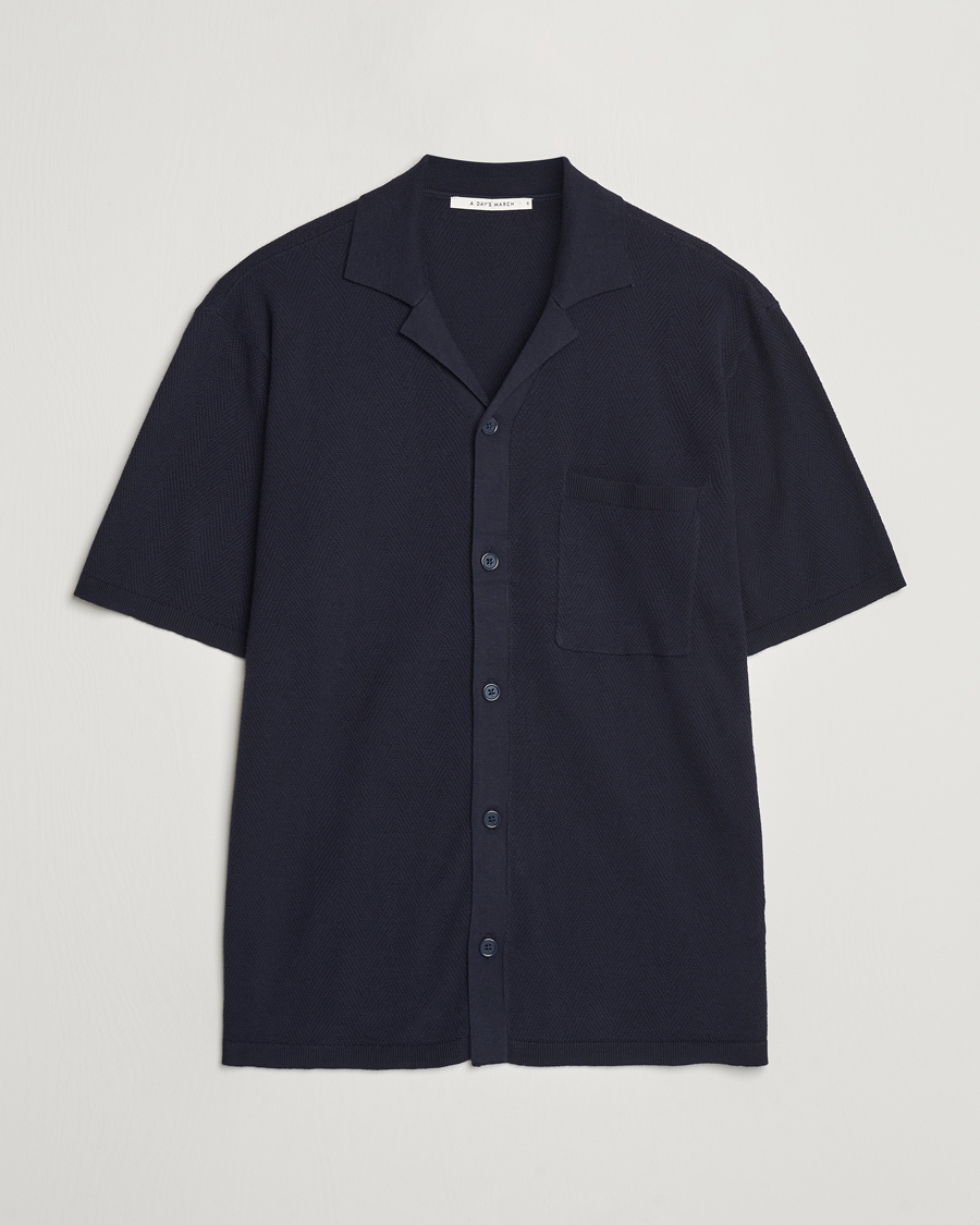 Hombres | Camisas | A Day's March | Yamu Knitted Herringbone Shirt Navy