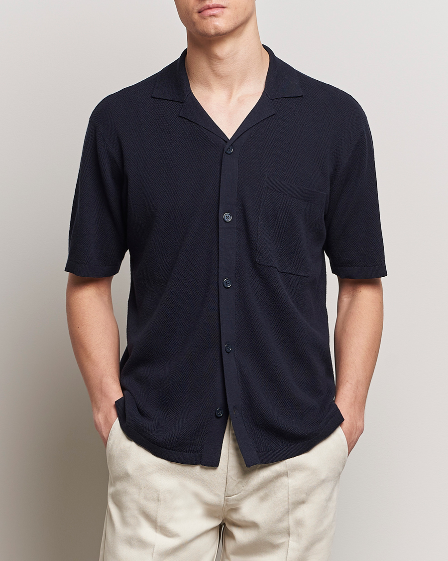 Hombres | Casual | A Day's March | Yamu Knitted Herringbone Shirt Navy