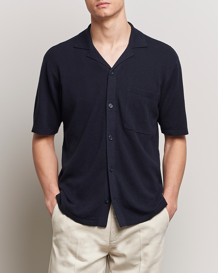 Hombres | Camisas | A Day's March | Yamu Knitted Herringbone Shirt Navy