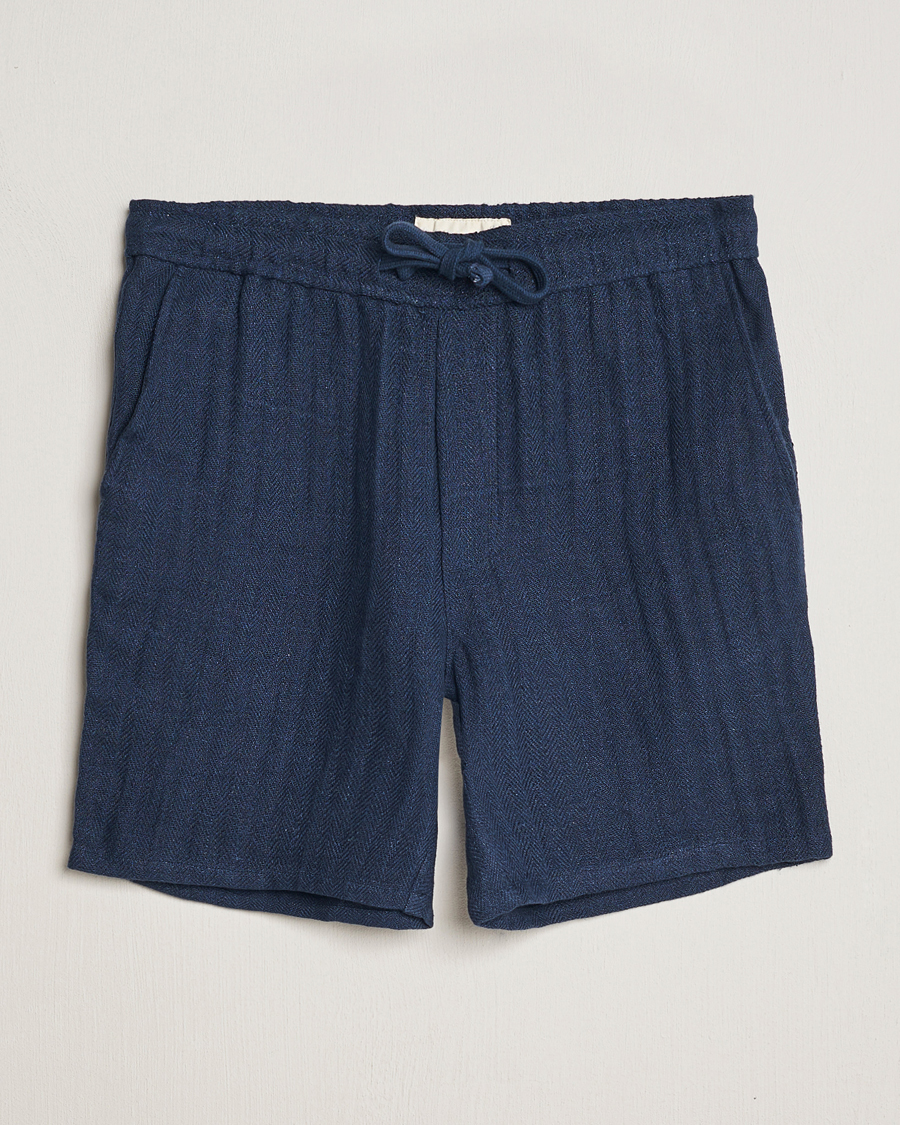 Hombres | Pantalones cortos | A Day's March | Ipu Herringbone Linen Drawstring Shorts Indigo Blue