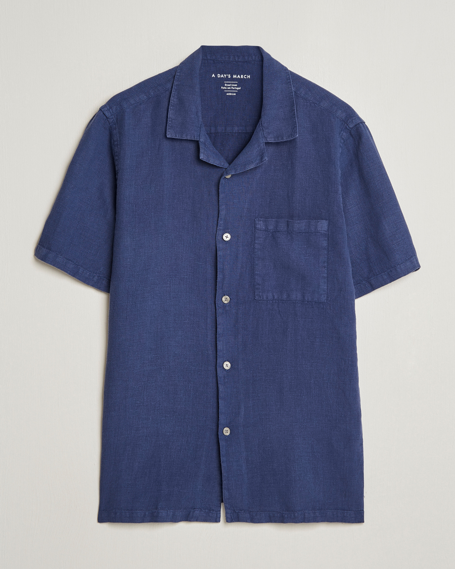 Hombres | Camisas | A Day's March | Yamu Short Sleeve Linen Shirt Brewers Blue