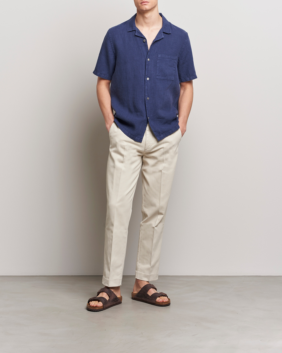 Hombres | Camisas | A Day's March | Yamu Short Sleeve Linen Shirt Brewers Blue