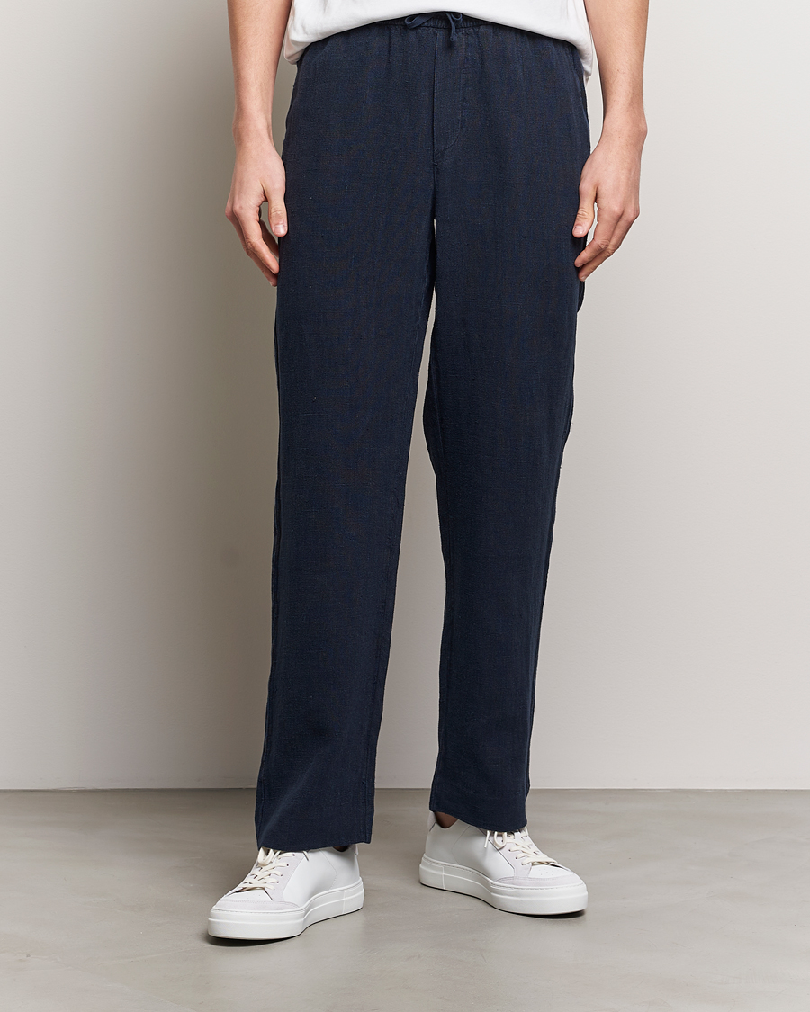 Men |  | A Day\'s March | Tamiat Drawstring Linen Trousers Navy