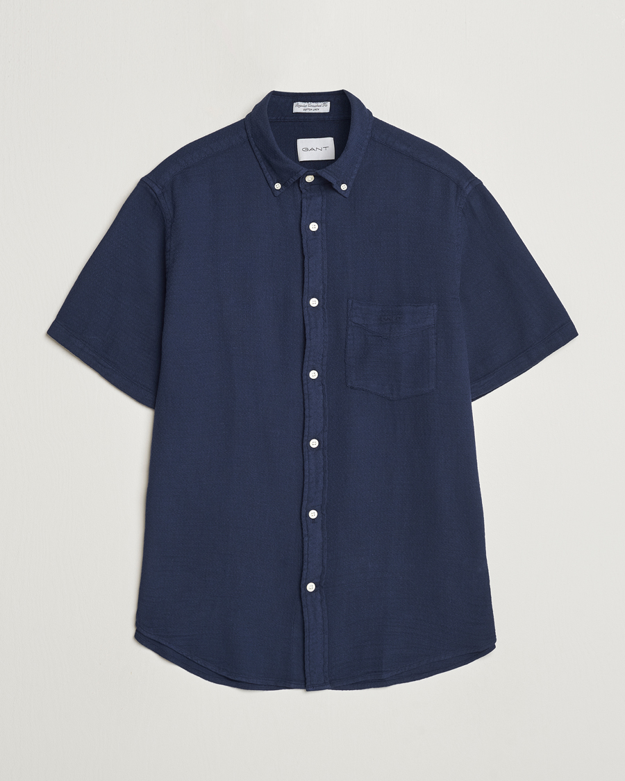 Hombres | Camisas | Gant | Cotton/Linen Texture Short Sleeve Shirt Evening Blue