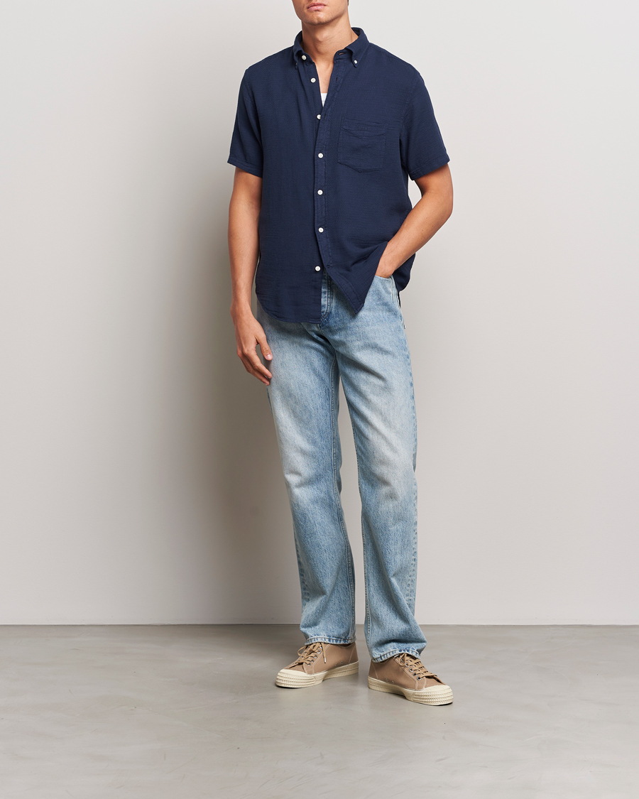Hombres | Camisas | Gant | Cotton/Linen Texture Short Sleeve Shirt Evening Blue