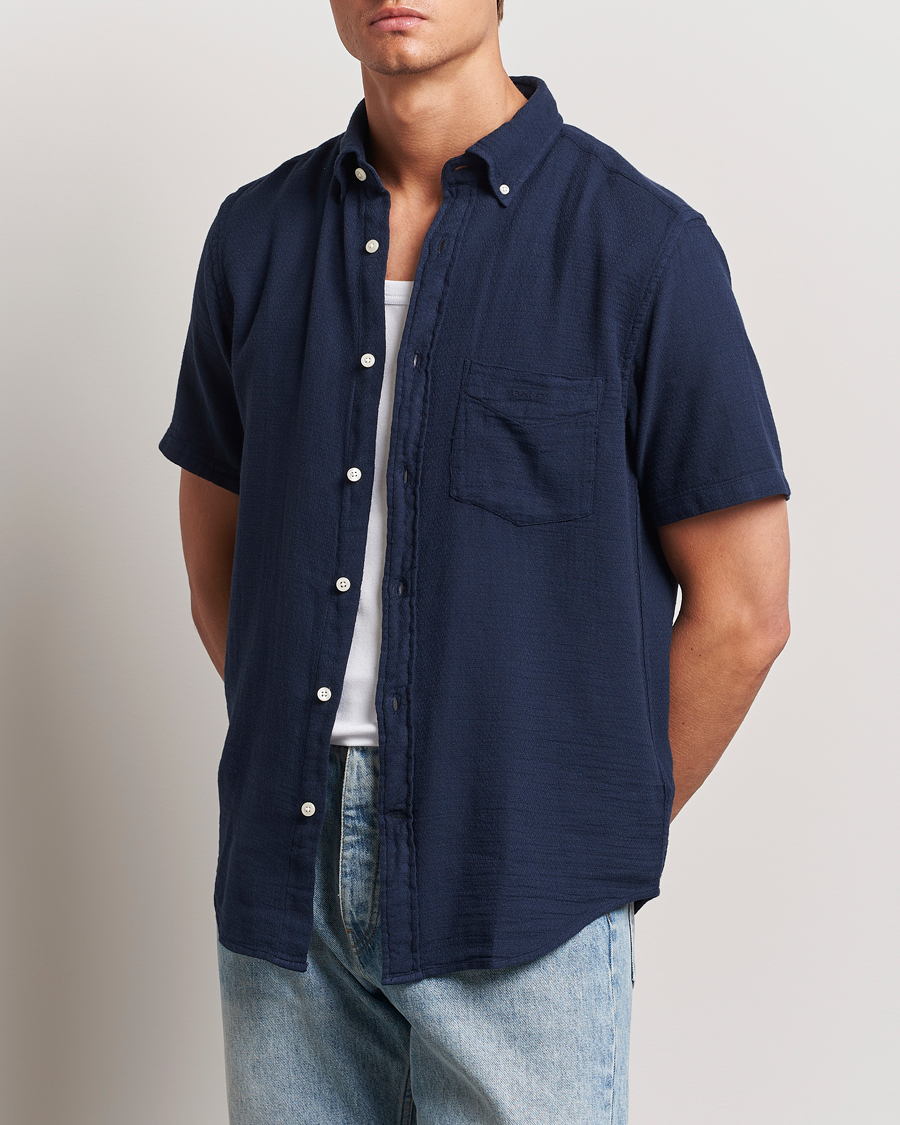Hombres |  | GANT | Cotton/Linen Texture Short Sleeve Shirt Evening Blue