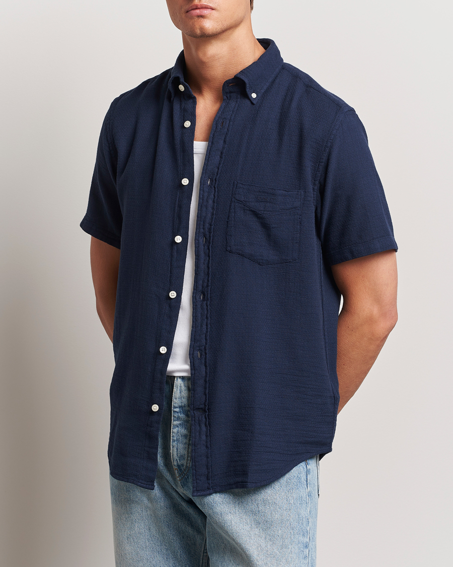 Hombres | Camisas | Gant | Cotton/Linen Texture Short Sleeve Shirt Evening Blue