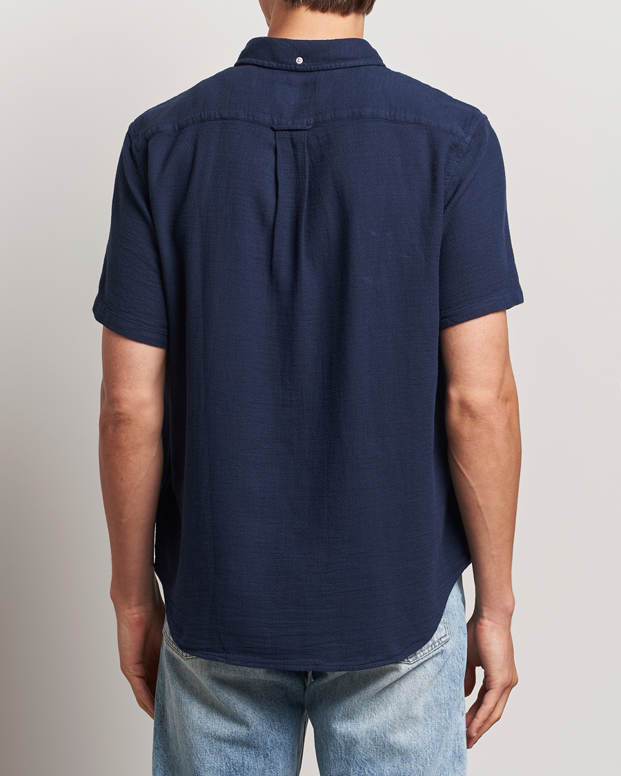 Hombres | Camisas | Gant | Cotton/Linen Texture Short Sleeve Shirt Evening Blue