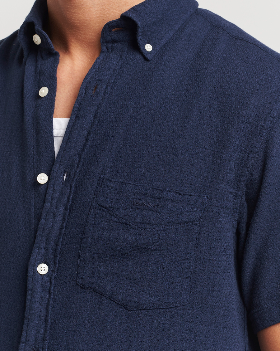 Hombres | Camisas | Gant | Cotton/Linen Texture Short Sleeve Shirt Evening Blue