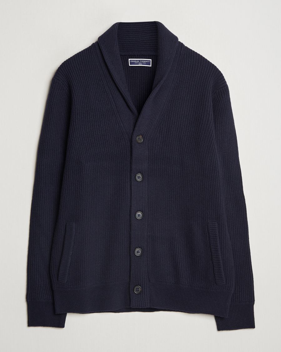 Hombres | Jerséis y prendas de punto | Charles Tyrwhitt | Chunky Merino Shawl Neck Cardigan Navy