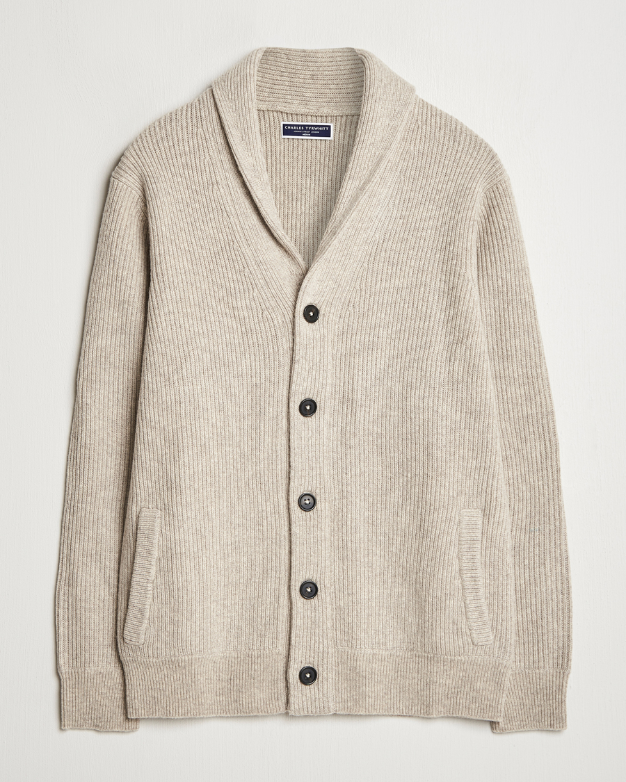 Hombres | Jerséis y prendas de punto | Charles Tyrwhitt | Chunky Merino Shawl Neck Cardigan Oatmeal