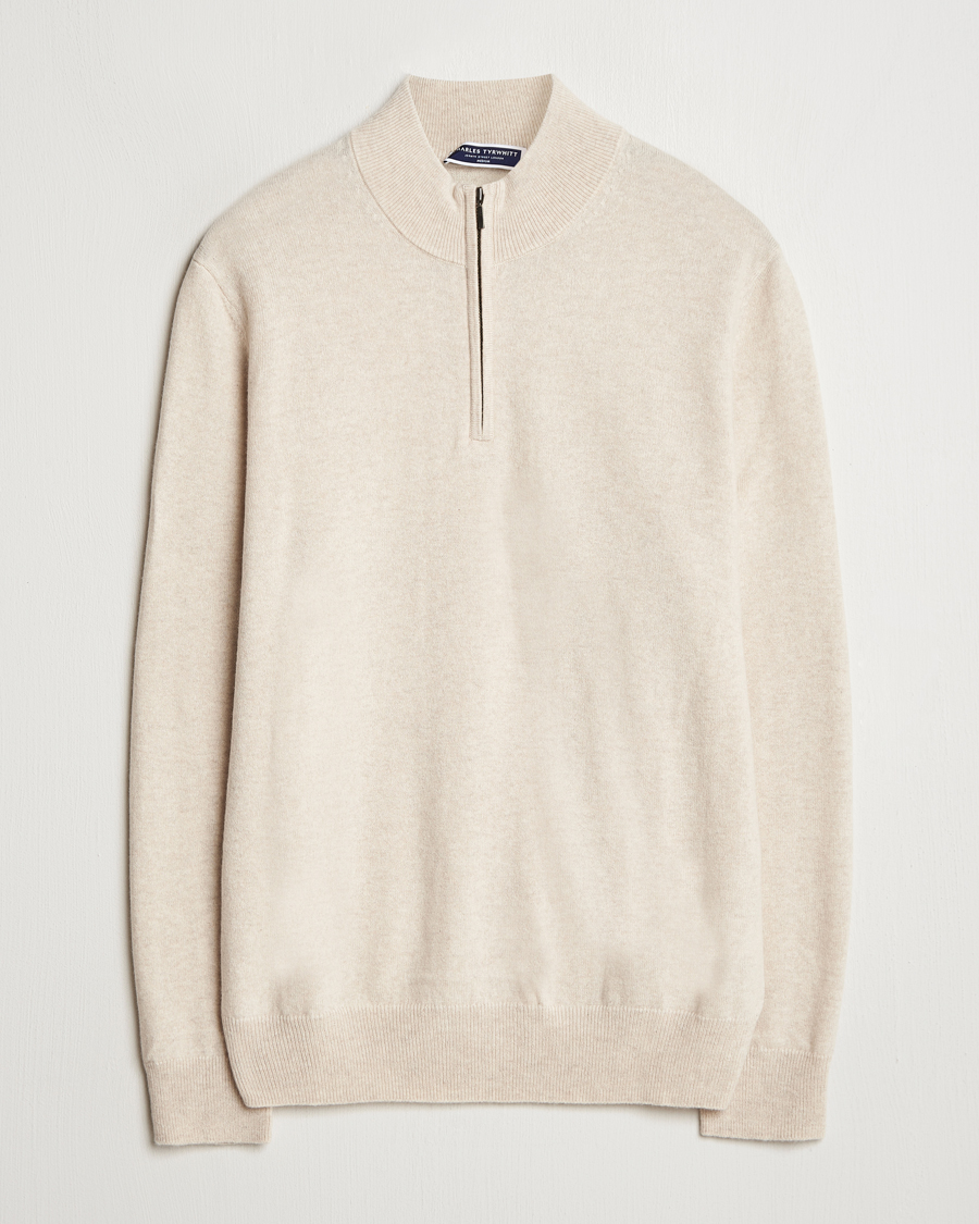 Hombres | Jerséis y prendas de punto | Charles Tyrwhitt | Pure Cashmere Zip Neck Jumper Cream