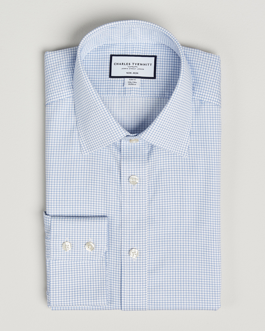 Hombres | Camisas | Charles Tyrwhitt | Slim Fit Non Iron Mini Grid Check Shirt Sky Blue