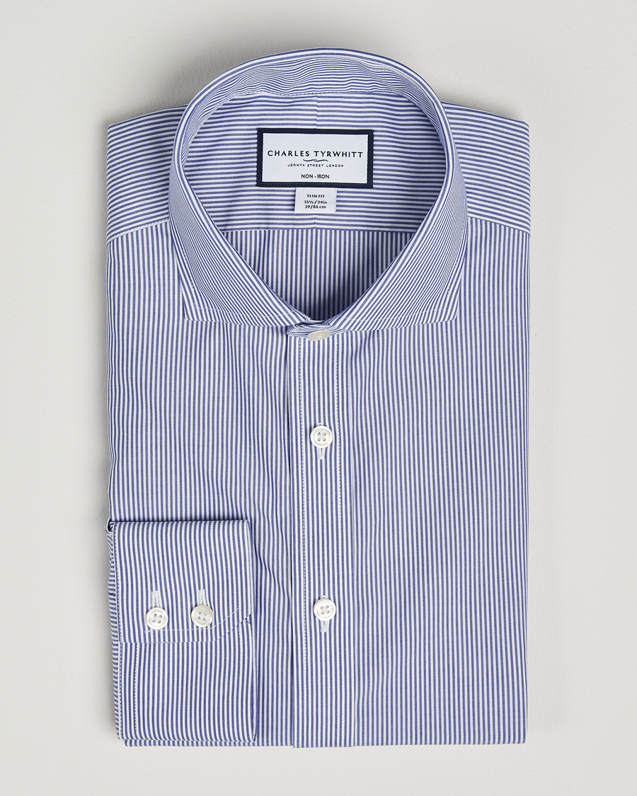 Hombres | Camisas | Charles Tyrwhitt | Slim Fit Non Iron Bengal Stripe Poplin Shirt Navy