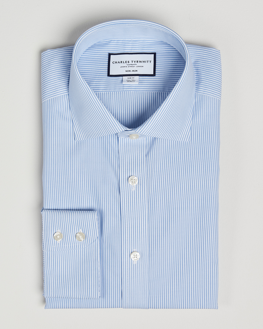 Hombres | Camisas | Charles Tyrwhitt | Slim Fit Non Iron Bengal Stripe Poplin Shirt Sky Blue