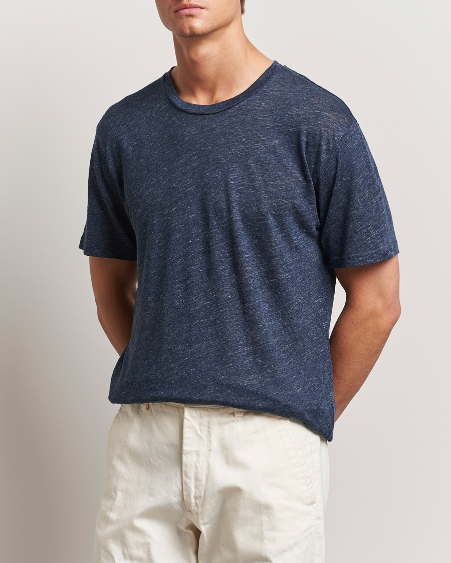 Hombres |  | Sunspel | Linen T-Shirt Navy Melange