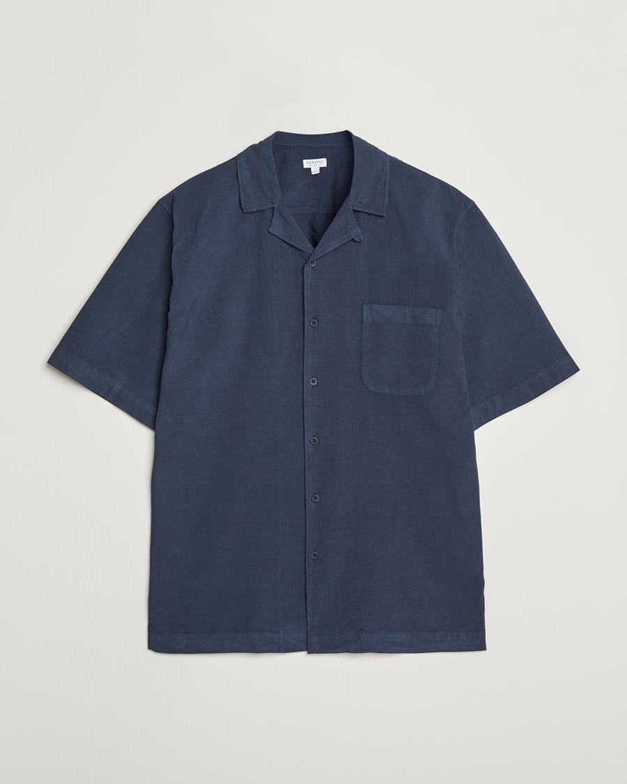 Hombres | Camisas | Sunspel | Lightweight Seersucker Shirt Navy