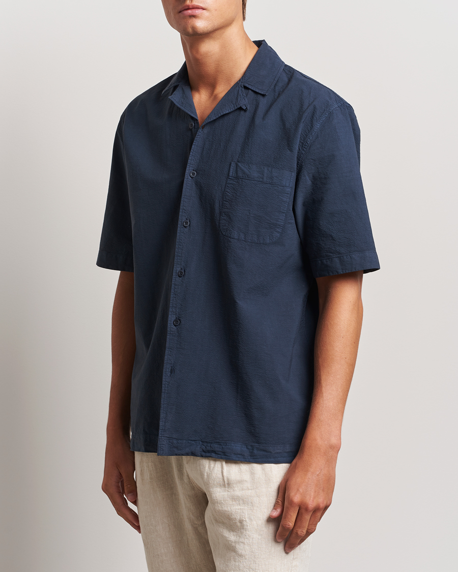 Hombres | Camisas | Sunspel | Lightweight Seersucker Shirt Navy