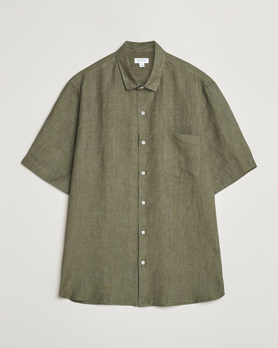 Hombres | Camisas | Sunspel | Short Sleeved Linen Shirt Khaki
