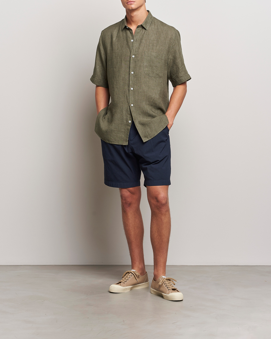 Hombres | Camisas | Sunspel | Short Sleeved Linen Shirt Khaki