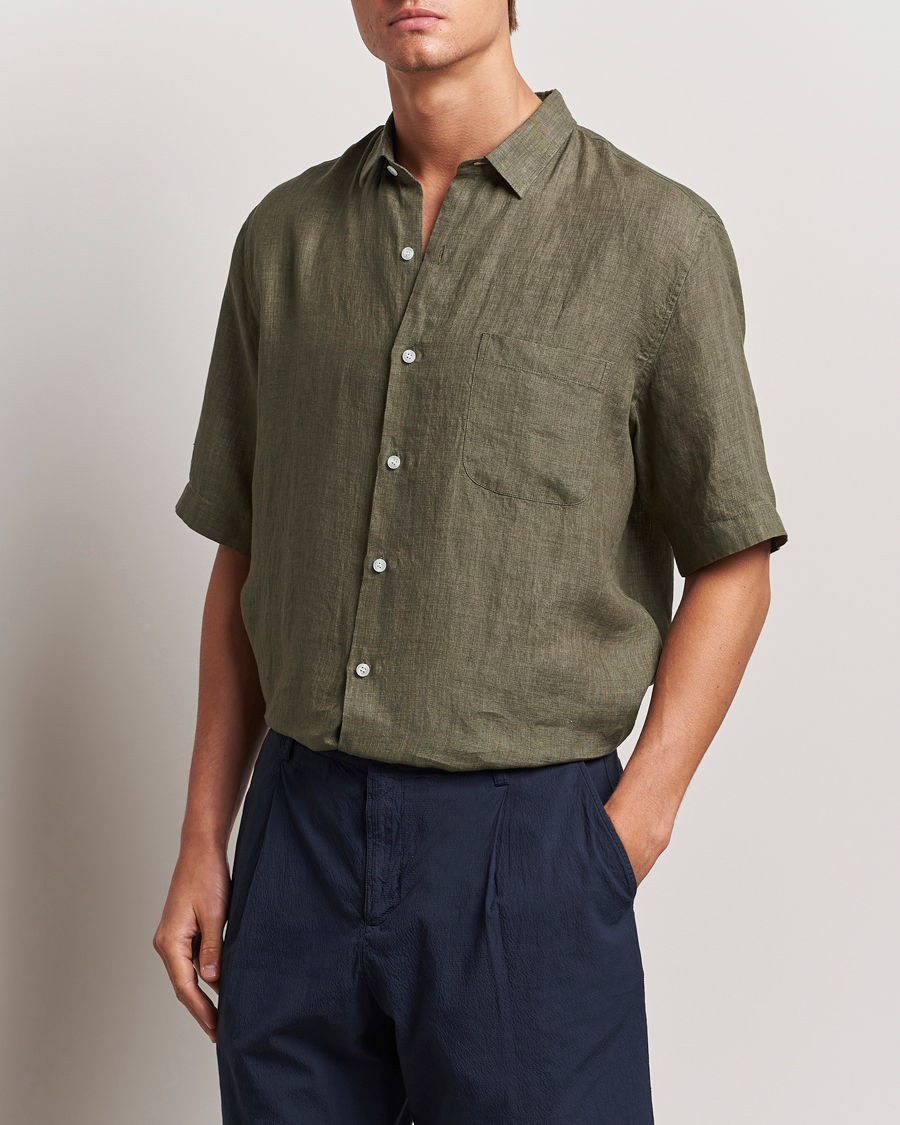 Hombres |  | Sunspel | Short Sleeved Linen Shirt Khaki