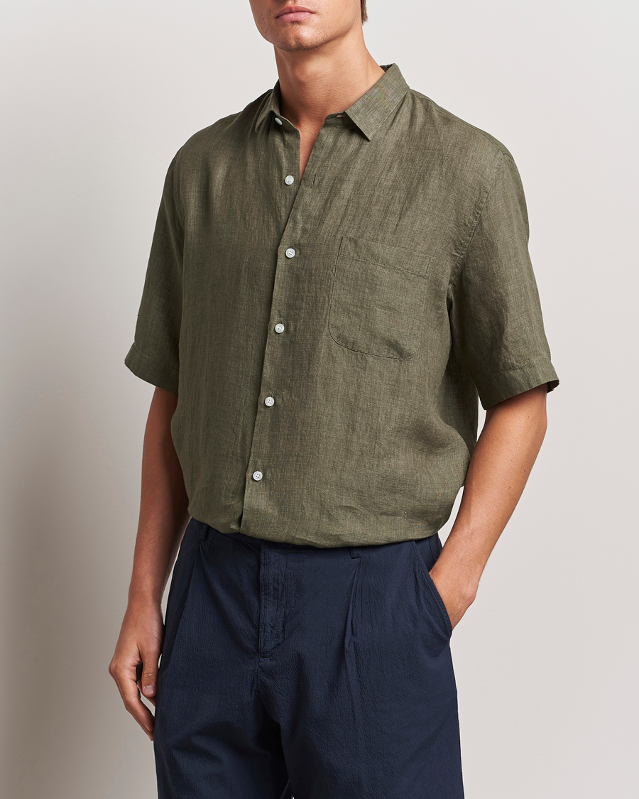 Hombres | Camisas | Sunspel | Short Sleeved Linen Shirt Khaki