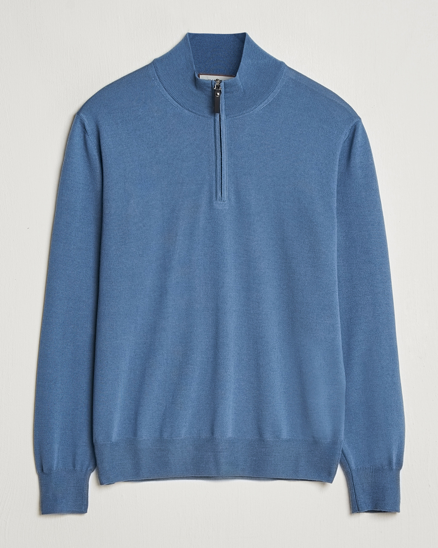 Hombres | Jerséis y prendas de punto | Canali | Merino Wool Half Zip Light Blue