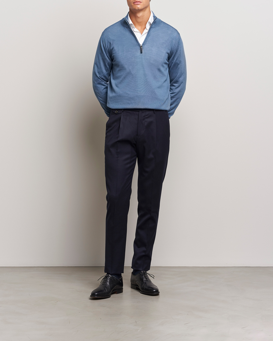 Hombres | Jerséis y prendas de punto | Canali | Merino Wool Half Zip Light Blue