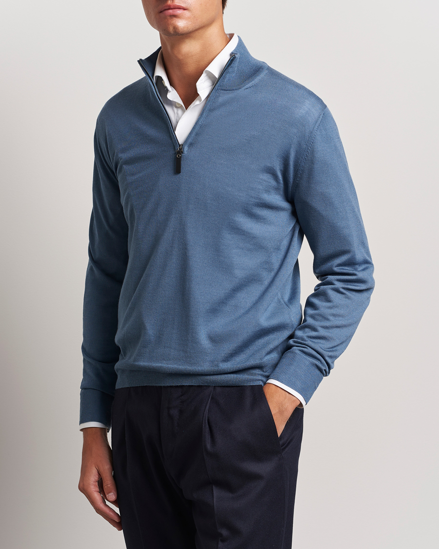 Hombres | Jerséis y prendas de punto | Canali | Merino Wool Half Zip Light Blue