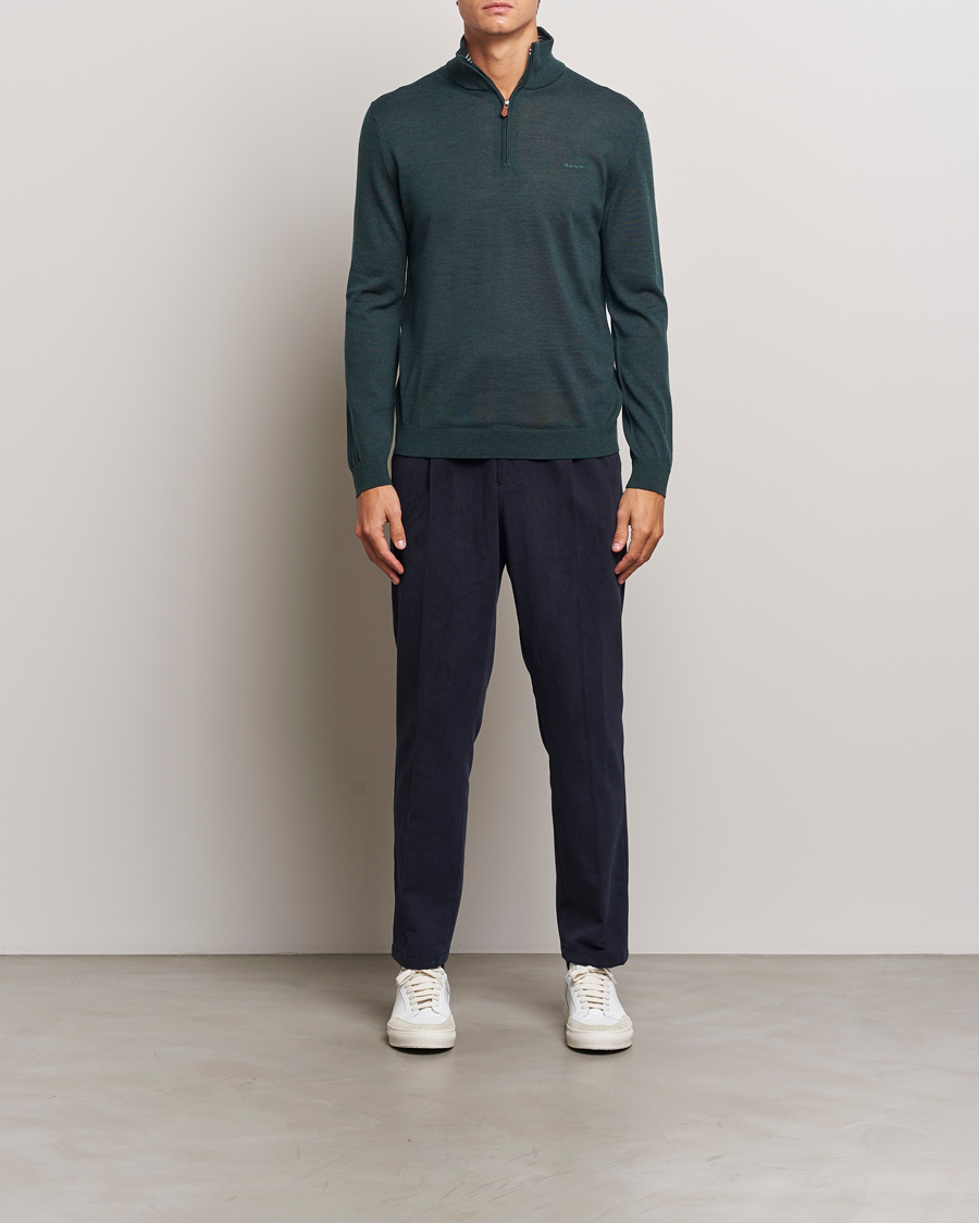 Hombres | Jerséis y prendas de punto | GANT | Extrafine Merino Wool Half Zip Tartan Green