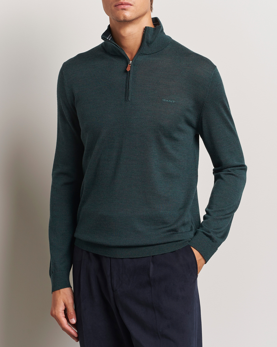 Hombres | Jerséis y prendas de punto | GANT | Extrafine Merino Wool Half Zip Tartan Green