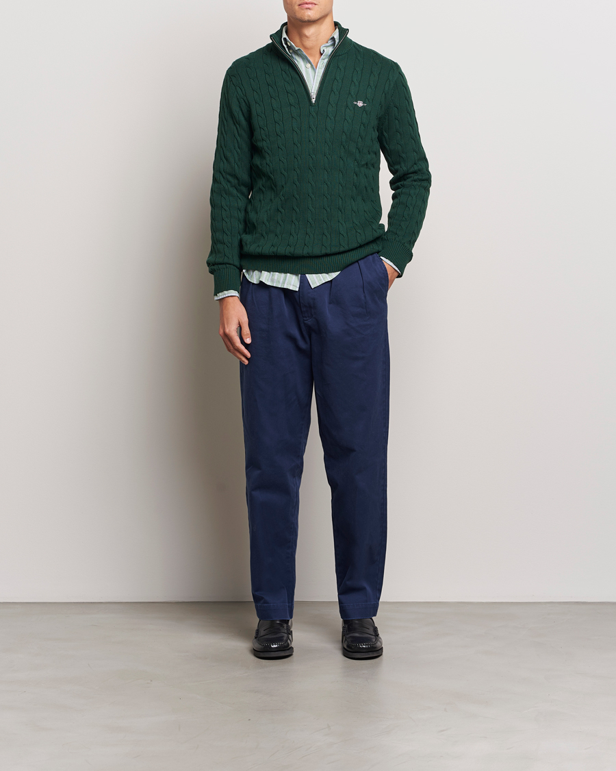 Hombres | Jerséis y prendas de punto | GANT | Cotton Cable Half Zip Tartan Green