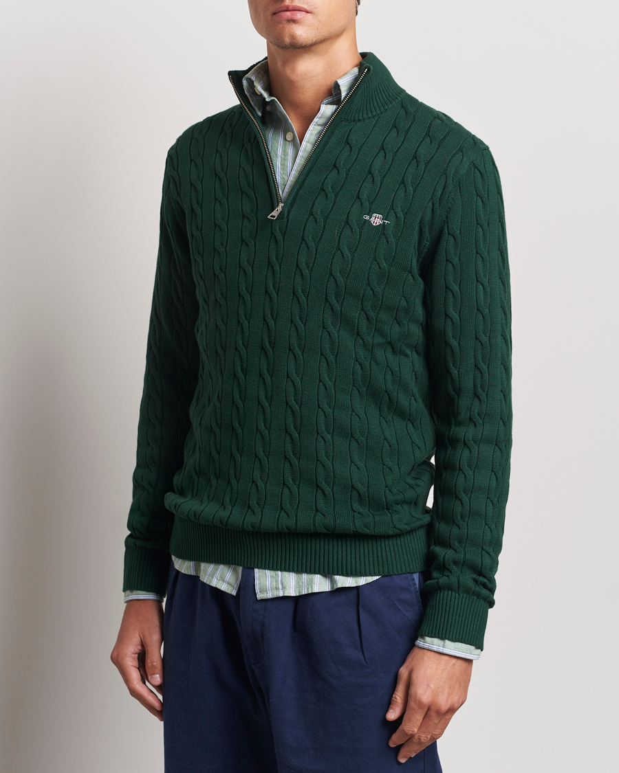Hombres | Jerséis y prendas de punto | GANT | Cotton Cable Half Zip Tartan Green