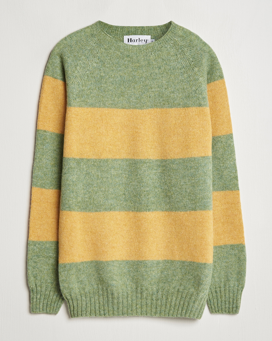 Hombres | Jerséis y prendas de punto | Harley Of Scotland | Block Stripe Lambswool Crewneck Yellow/Green