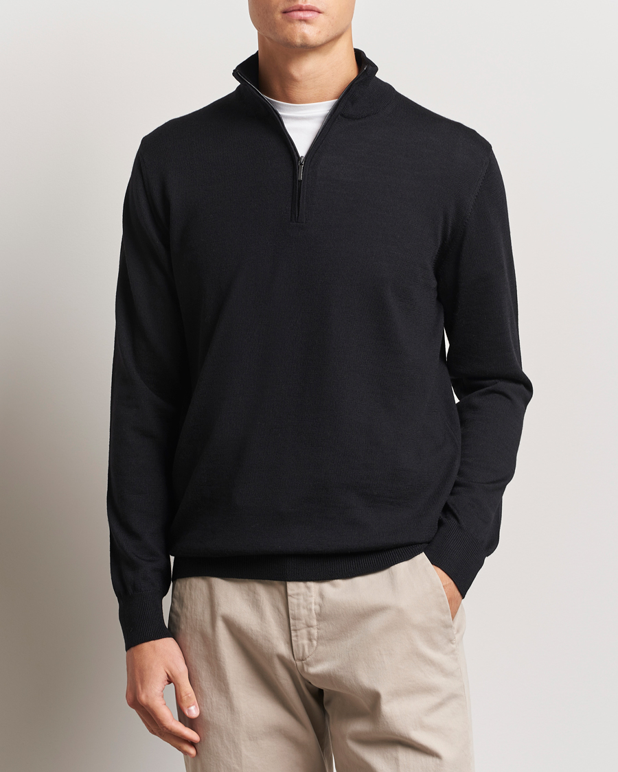 Hombres | Jerséis y prendas de punto | Morgano | Extra Fine Merino Wool Half-Zip Black