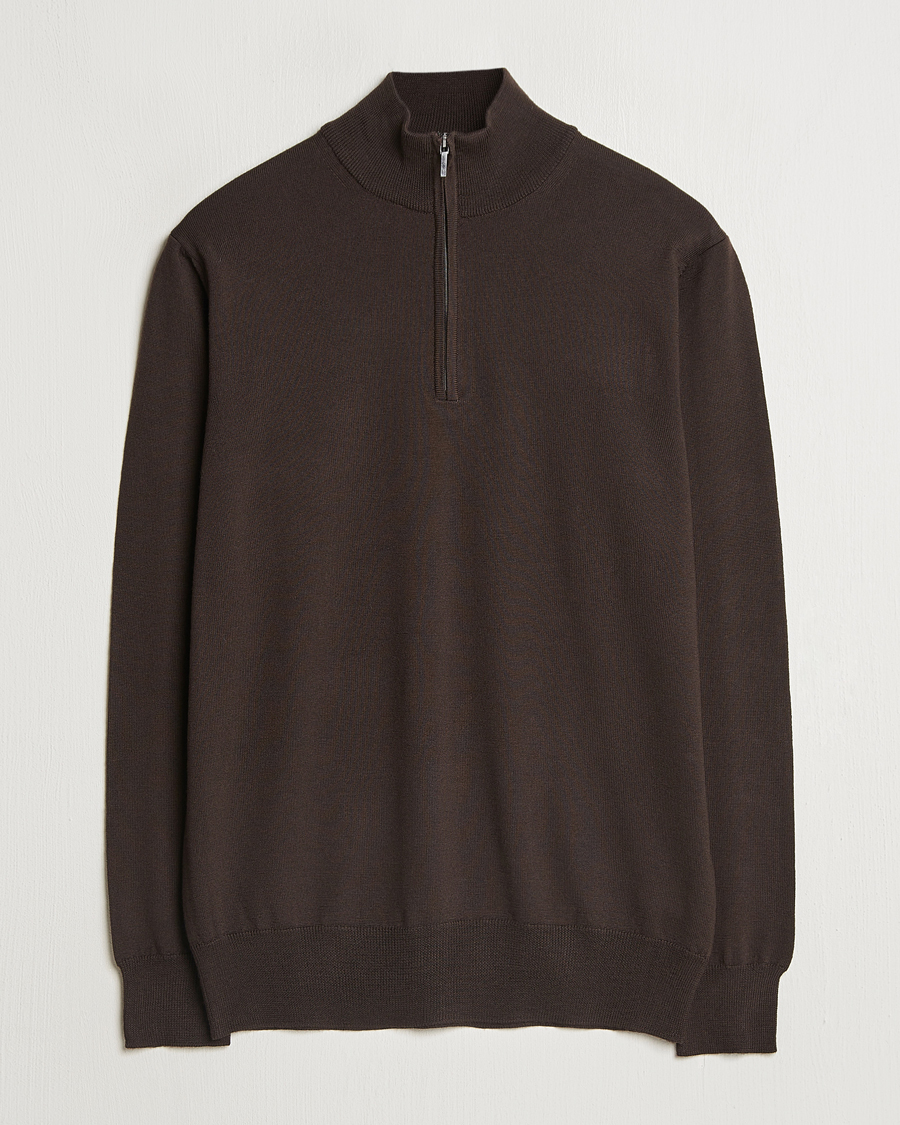 Hombres | Jerséis y prendas de punto | Morgano | Extra Fine Merino Wool Half-Zip Dark Brown
