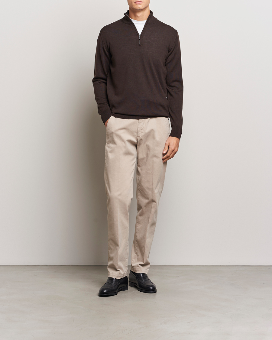 Hombres | Jerséis y prendas de punto | Morgano | Extra Fine Merino Wool Half-Zip Dark Brown