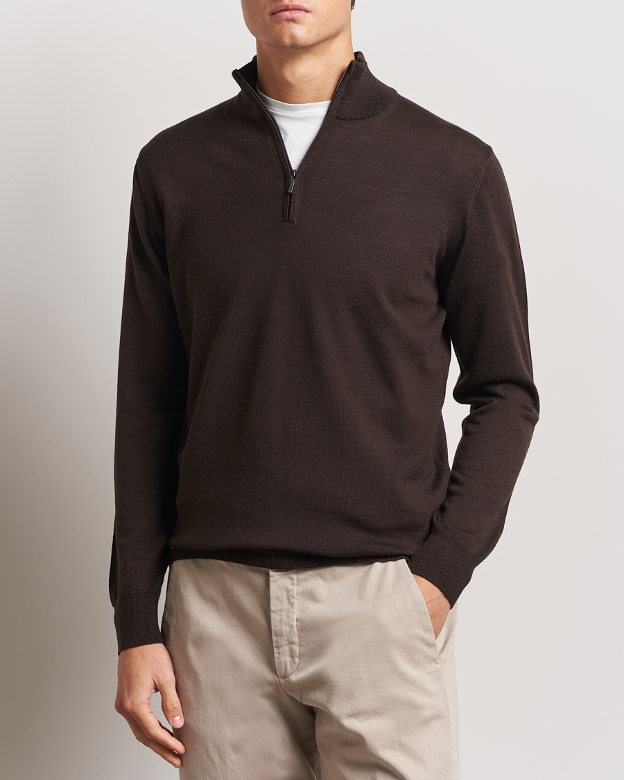 Hombres | Jerséis y prendas de punto | Morgano | Extra Fine Merino Wool Half-Zip Dark Brown