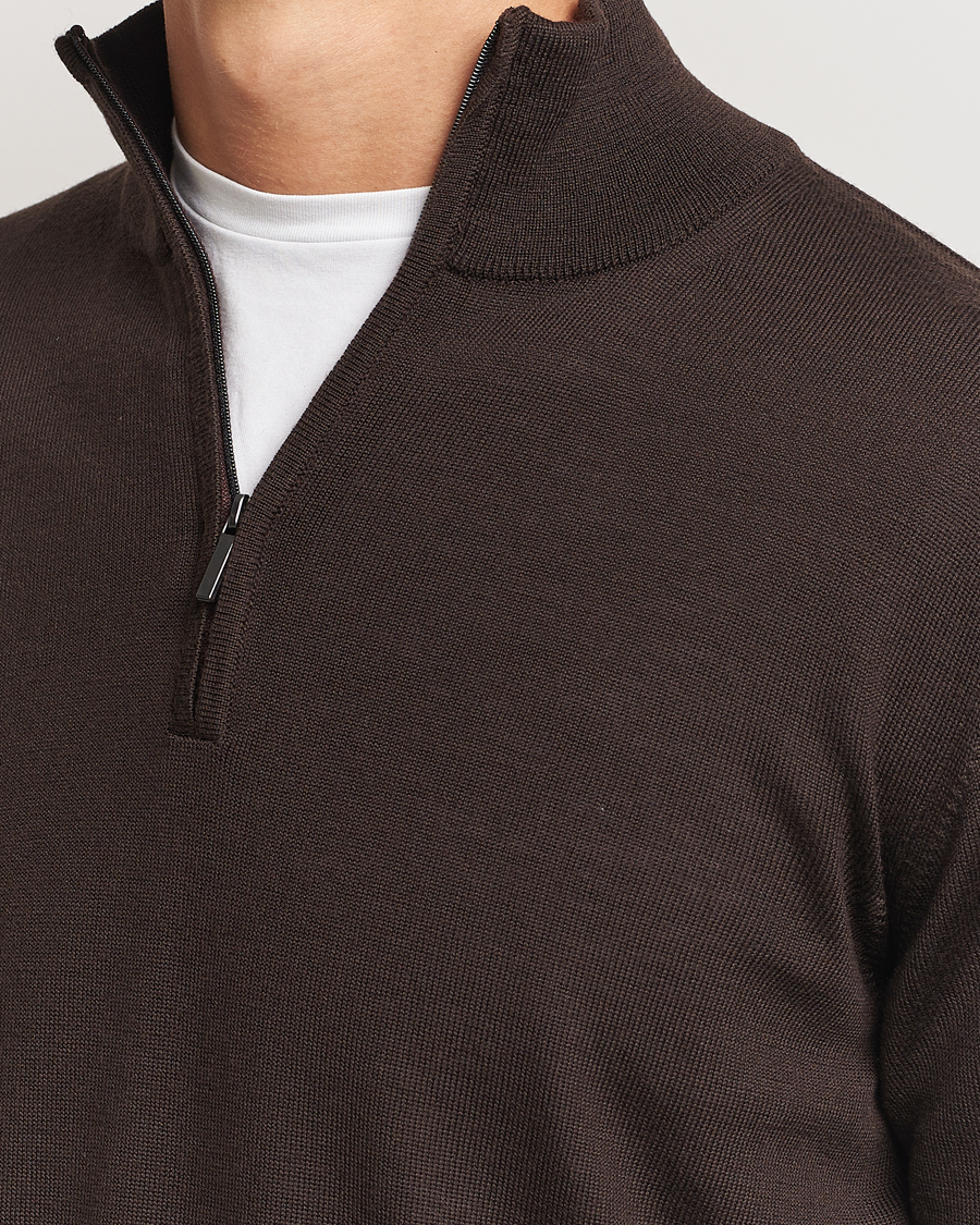 Hombres | Jerséis y prendas de punto | Morgano | Extra Fine Merino Wool Half-Zip Dark Brown