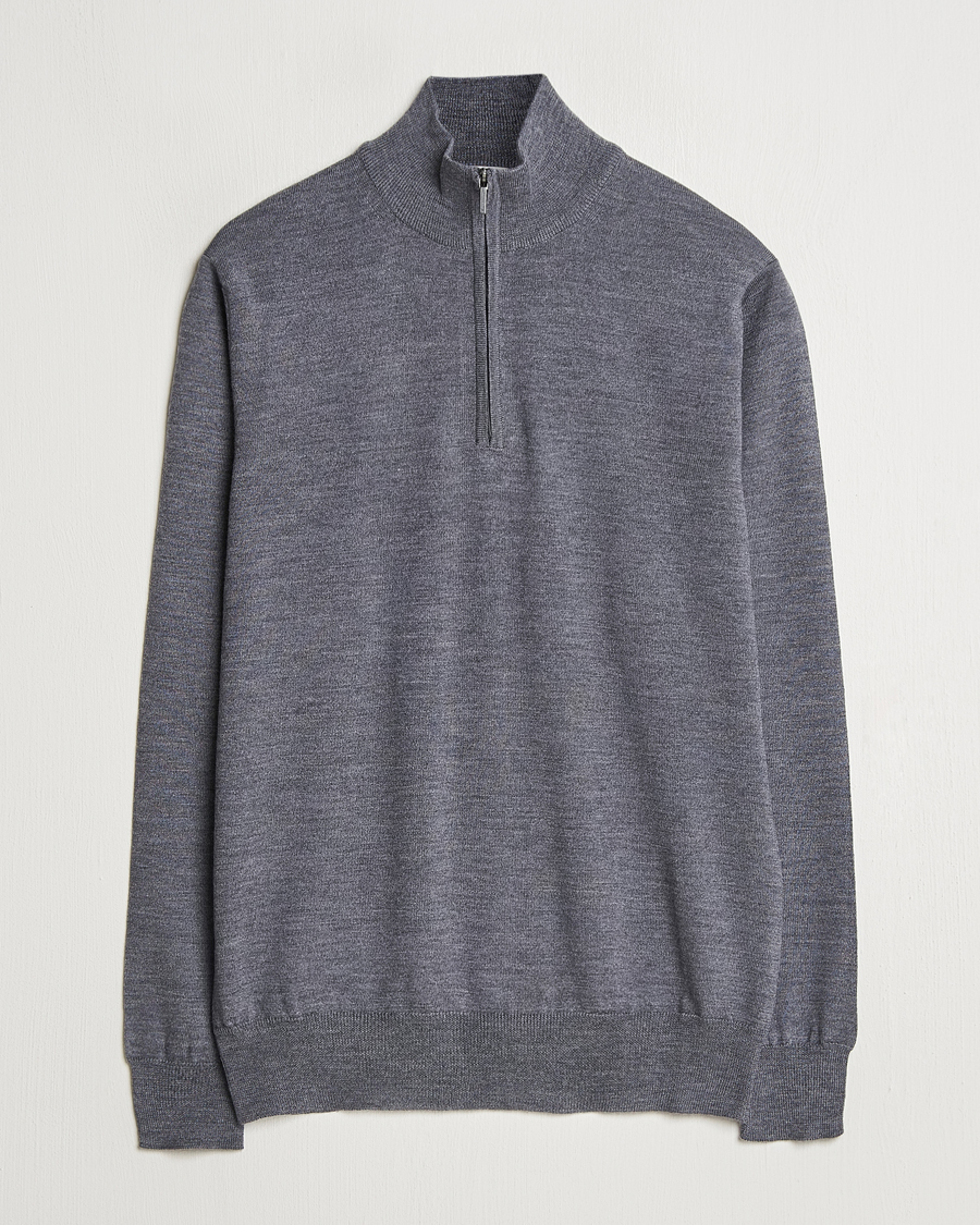 Hombres | Jerséis y prendas de punto | Morgano | Extra Fine Merino Wool Half-Zip Mid Grey