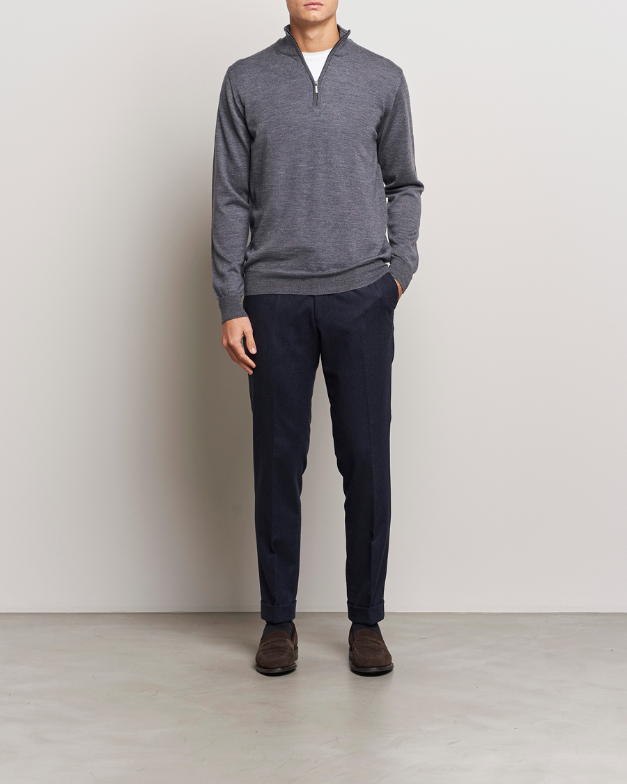 Hombres | Jerséis y prendas de punto | Morgano | Extra Fine Merino Wool Half-Zip Mid Grey