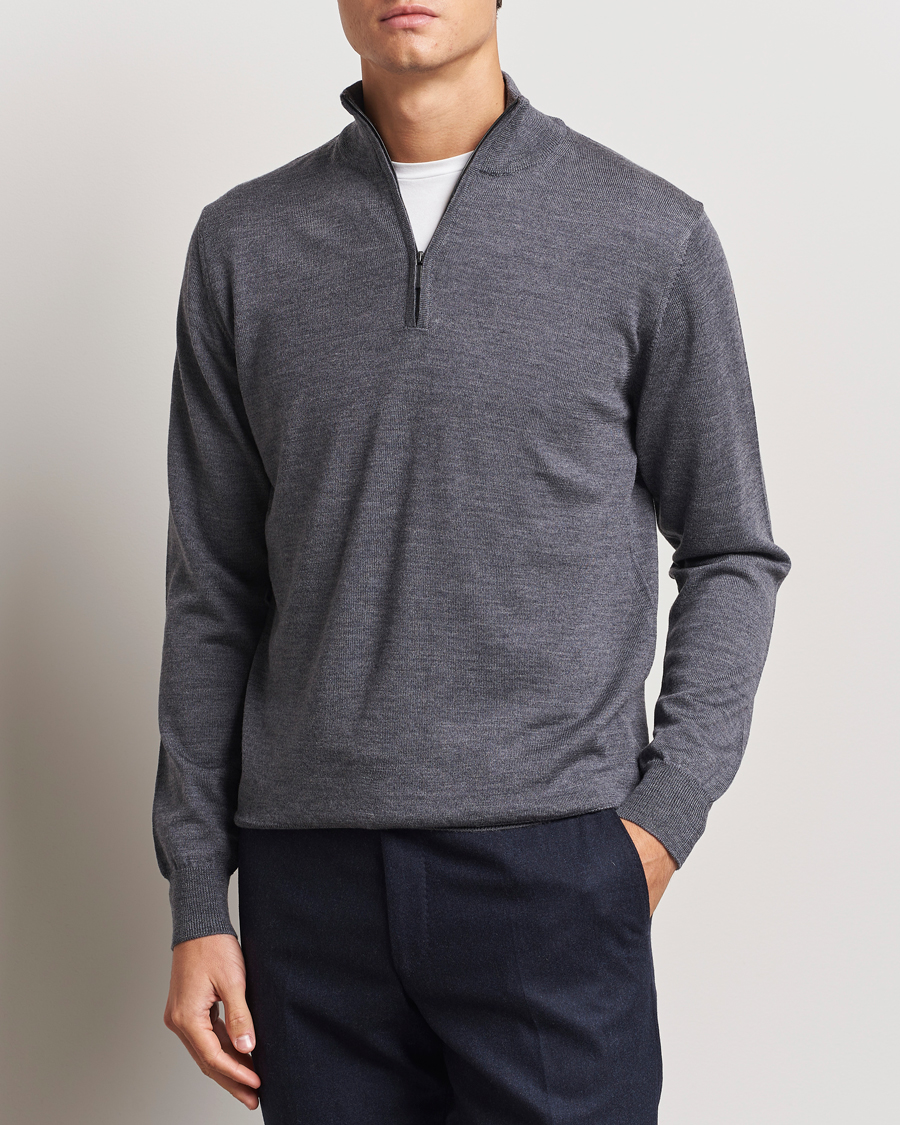 Hombres | Jerséis y prendas de punto | Morgano | Extra Fine Merino Wool Half-Zip Mid Grey
