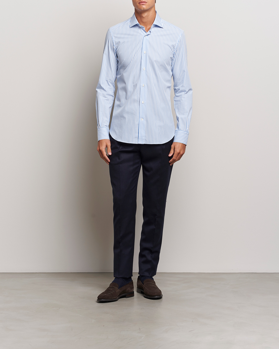 Hombres | Camisas | Mazzarelli | Soft Cotton Striped Cut Away Shirt Light Blue