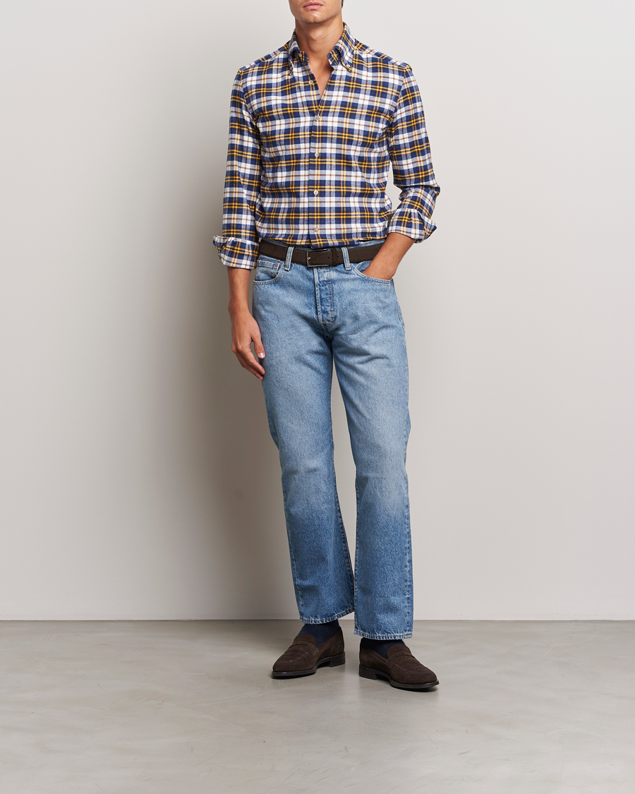 Hombres | Camisas | Mazzarelli | Soft Flannel Check Button Down Shirt Blue/White