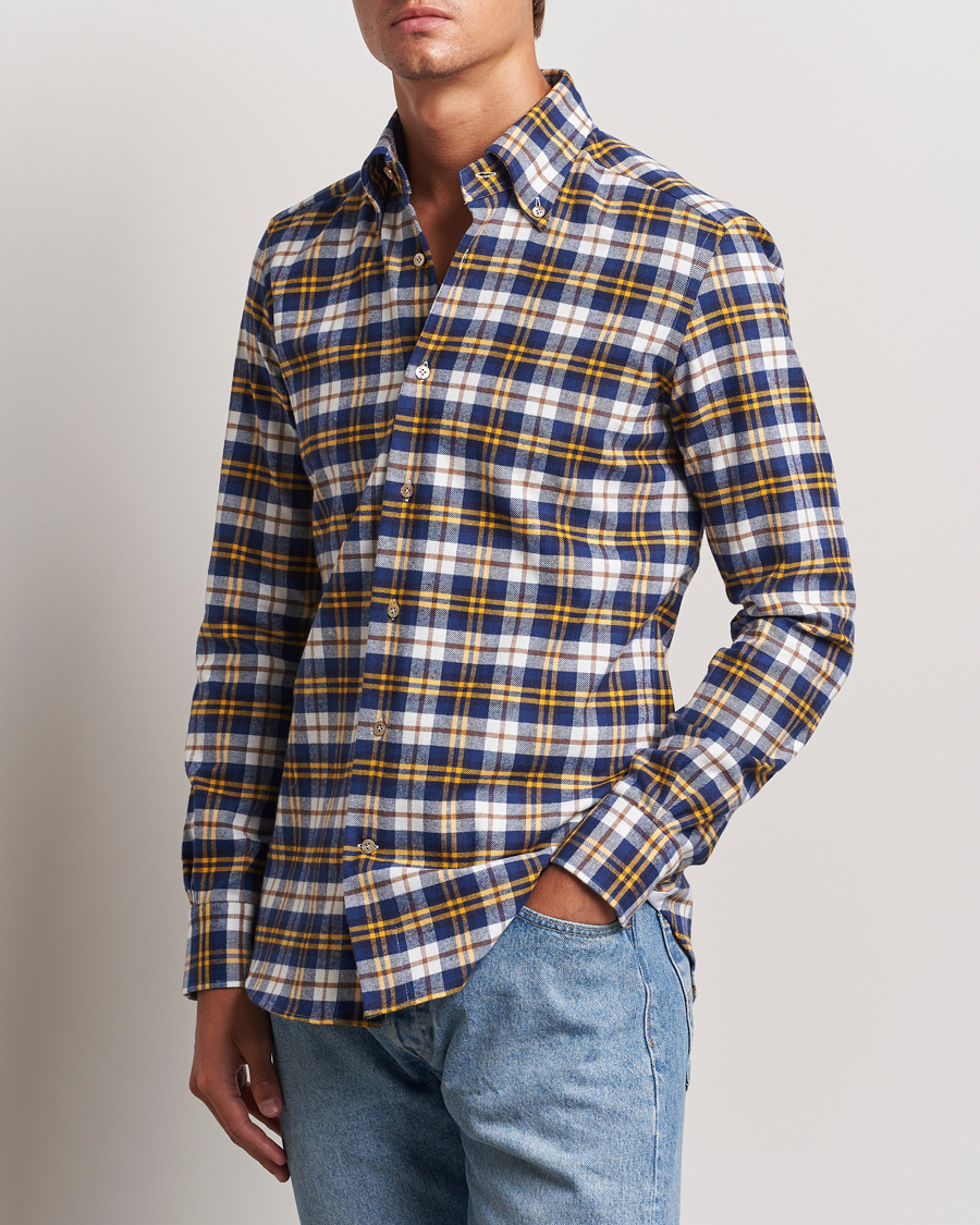Hombres | Camisas | Mazzarelli | Soft Flannel Check Button Down Shirt Blue/White