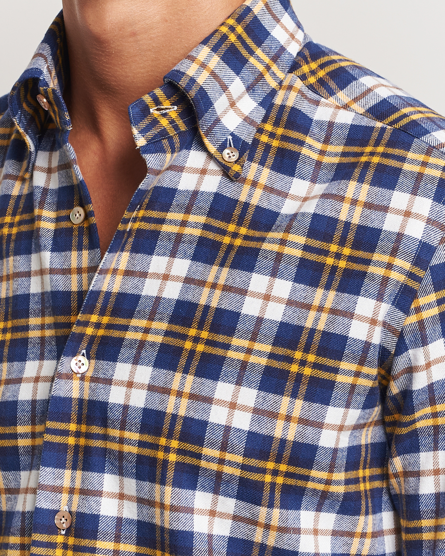 Hombres | Camisas | Mazzarelli | Soft Flannel Check Button Down Shirt Blue/White