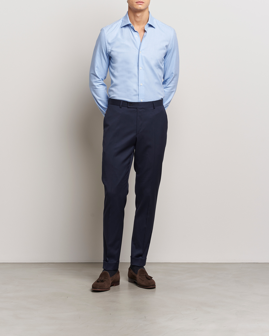 Hombres | Camisas | Mazzarelli | Soft Flannel Cut Away Shirt Light Blue