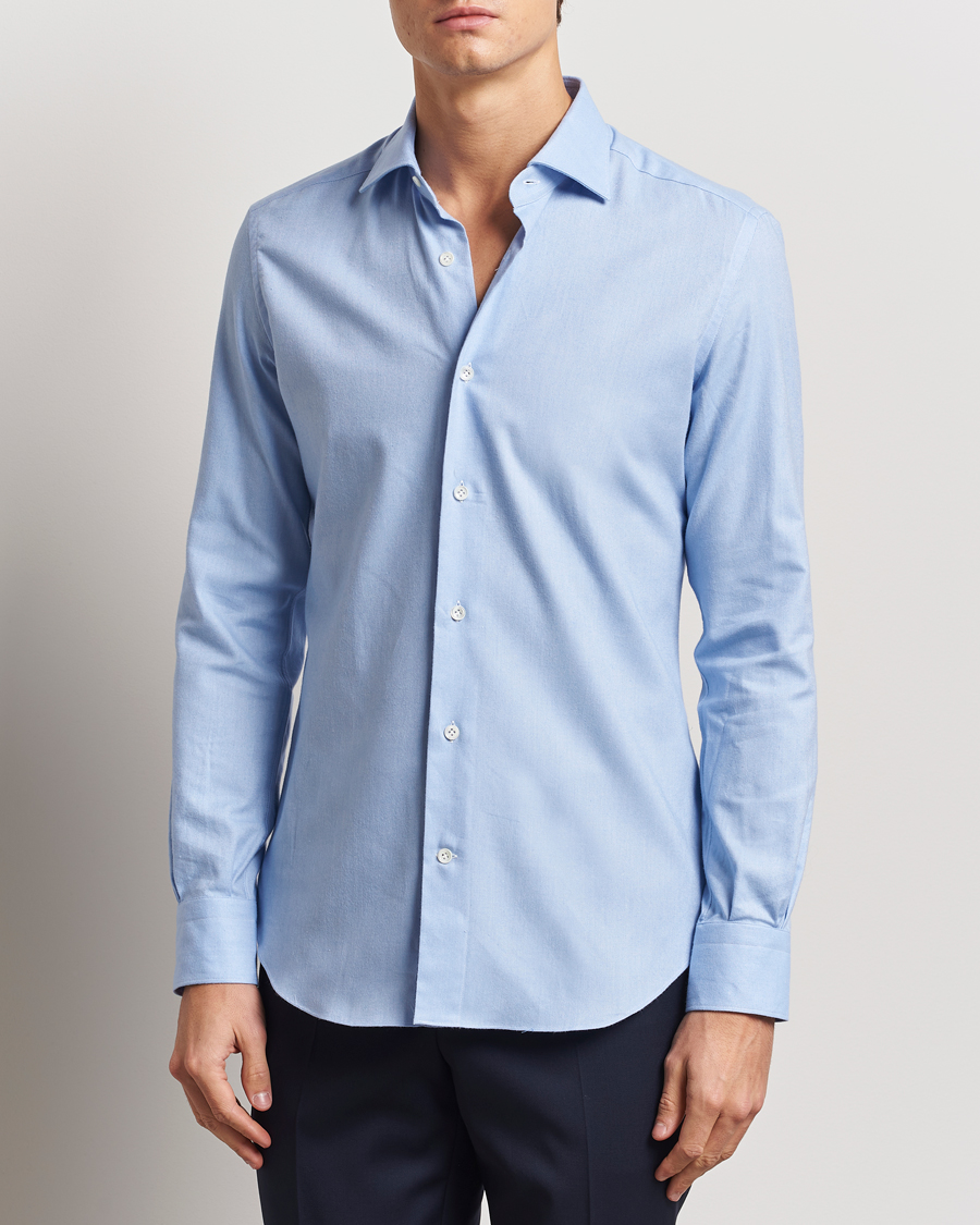 Hombres | Camisas | Mazzarelli | Soft Flannel Cut Away Shirt Light Blue